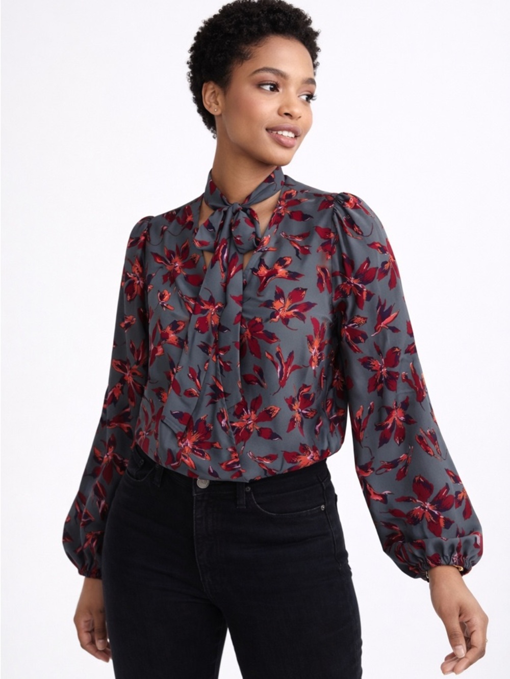 Madewell Silk Tie-Neck Wrap Long Sleeve Top in Winter Orchid